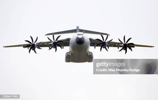 An RAF Airbus A400M Atlas transporter takes part in a flypast after Prince Charles, Prince of Wales, in his role as Colonel in Chief of The Parachute...