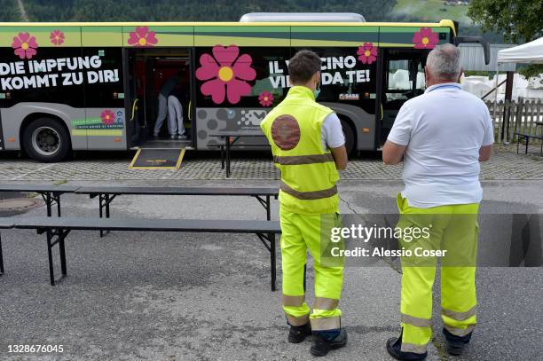 One of two SASA buses equipped as vaccination centers, operating in the small towns of South Tyrol, on July 14, 2021 in Bolzano, Italy. Italy has...