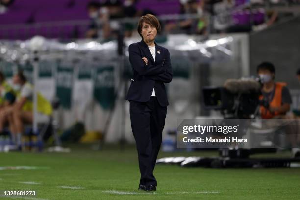 Head coach Asako Takakura of Japan is seen during the women's international friendly match between Japan and Australia at Sanga Stadium by Kyocera on...