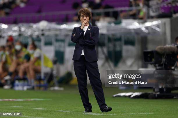 Head coach Asako Takakura of Japan is seen during the women's international friendly match between Japan and Australia at Sanga Stadium by Kyocera on...