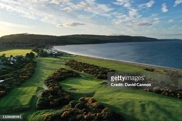 An aerial view of the green on the par four 17th hole with the par 3, 18th hole looking towards the clubhouse at Fortrose & Rosemarkie Golf Club on...