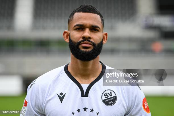 Cebio Soukou of SV Sandhausen poses during the team presentation at BWT-Stadion am Hardtwald on July 14, 2021 in Sandhausen, Germany.