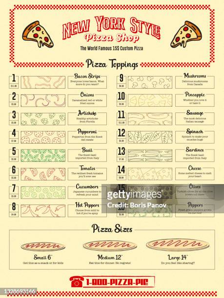 stockillustraties, clipart, cartoons en iconen met retro fast food restaurant menu with outline ingredient icons for ordering delivery or takeaway in pizzeria deli style - pizza