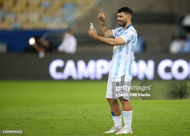 Sergio Aguero of Argentina celebrates after winning the Final of Copa America Brazil 2021 ,during the Final Match between Brazil and Argentina at...