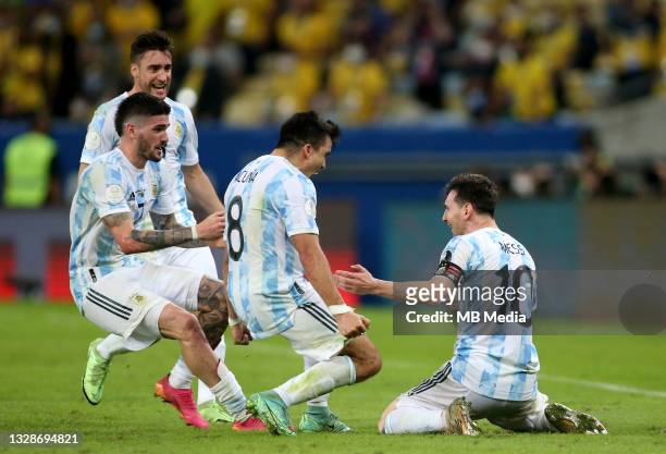 Lionel Messi of Argentina reacts as his team wins the Final of Copa America with teammates Marcos Acuna ,Rodrigo De Paul and Nicolas Tagliafico...