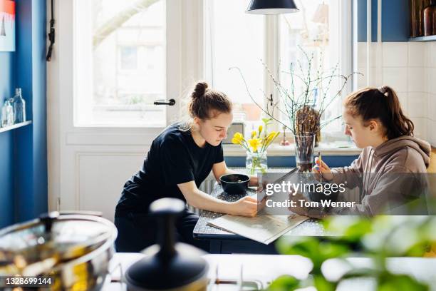 two sisters having breakfast in kitchen together - talking to the media stock pictures, royalty-free photos & images