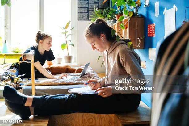 two sisters sitting in bedroom studying together - character stock photos et images de collection