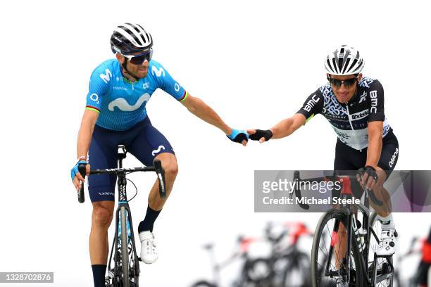 Alejandro Valverde of Spain and Movistar Team & Sergio Henao of Colombia and Team Qhubeka NextHash at arrival at arrival during the 108th Tour de...