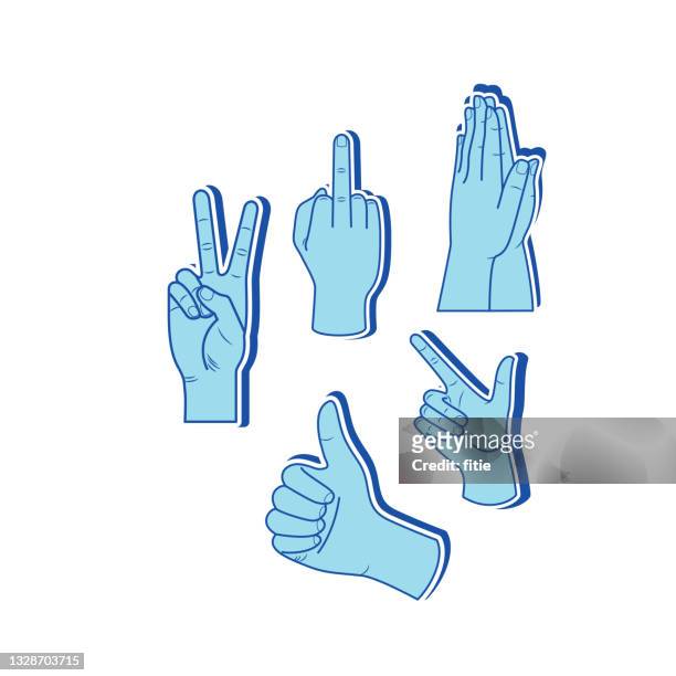vektorillustration verschiedener hände. nahaufnahme der hand, die nach oben zeigt, daumen hoch, genehmigende hand gestikulieren, mittelfinger handzeichen - gebärdensprache stock-grafiken, -clipart, -cartoons und -symbole