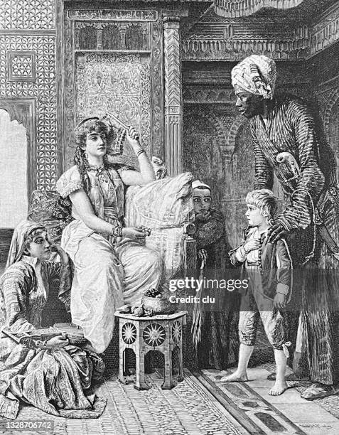 stockillustraties, clipart, cartoons en iconen met black servant introduces boy to two women - ottoman empire