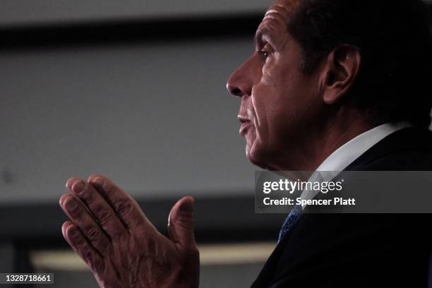 New York Governor Andrew Cuomo and the Democratic nominee for New York City mayor, Eric Adams, hold a joint news conference in Brooklyn where the two...