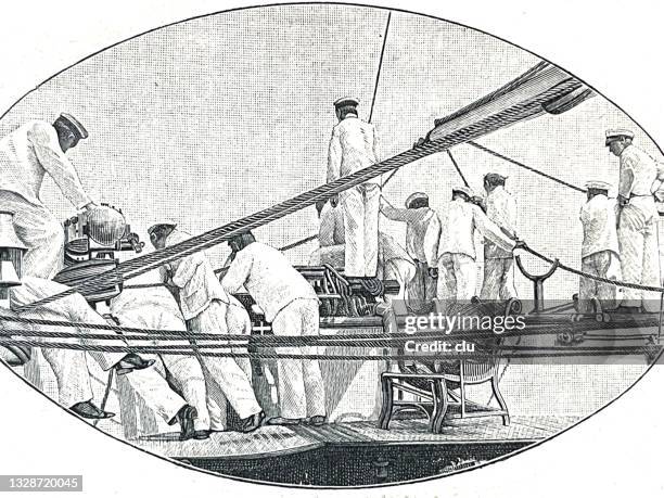 military training ship, soldiers look over the railing, rear view - ship railing stock illustrations