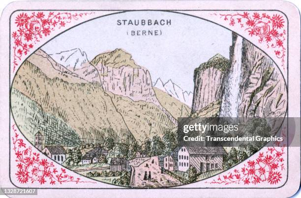 View of the back of a playing card from a deck that depicts various Swiss locations, 1878. Pictured here is Staubbach Falls .