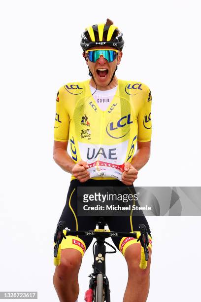 Tadej Pogačar of Slovenia and UAE-Team Emirates Yellow Leader Jersey celebrates at arrival during the 108th Tour de France 2021, Stage 17 a 178,4km...