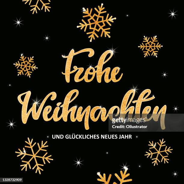 golden „frohe weihnachten“ lettering with snowflakes - weihnachten illustration stock illustrations