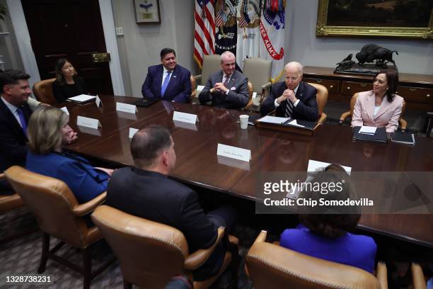 President Joe Biden and Vice President Kamala Harris meet with a bipartisan group of city and state political leaders, including New Jersey Governor...