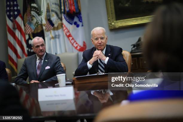President Joe Biden meets with a bipartisan group of city and state political leaders, including New Jersey Governor Phil Murphy , about his proposed...