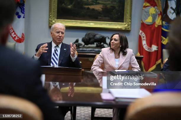 President Joe Biden and Vice President Kamala Harris meet with a bipartisan group of city and state political leaders about his proposed...