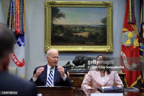 President Joe Biden and Vice President Kamala Harris meet with a bipartisan group of city and state political leaders about his proposed...