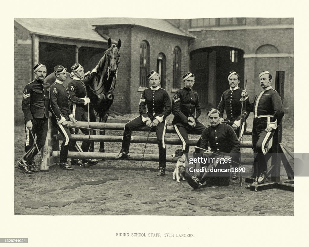 Riding school staff, 17th Lancers, Victorian British army cavalry, Regimental mascot, dog