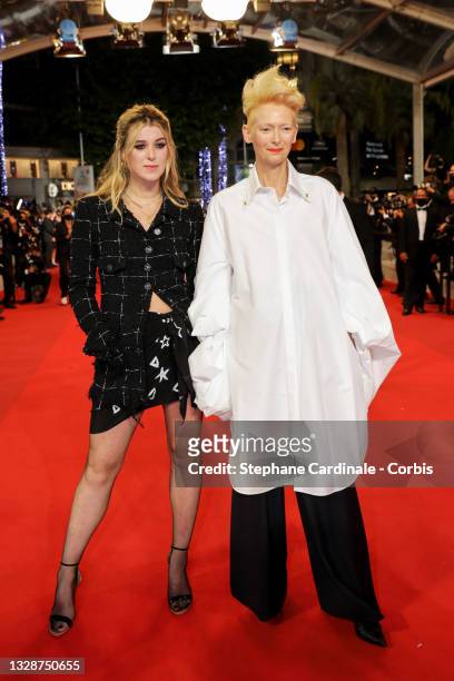 Honor Swinton Byrne and Tilda Swinton attend the "Les Olympiades " screening during the 74th annual Cannes Film Festival on July 14, 2021 in Cannes,...