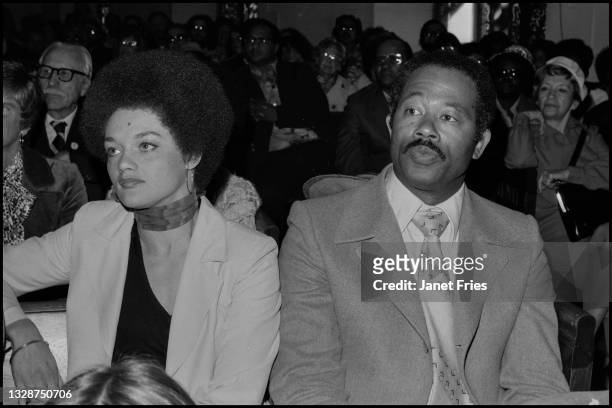 View of married American Civil Rights leaders and Black Panther Party members Kathleen Cleaver and Eldridge Cleaver as they attend an event at Glide...
