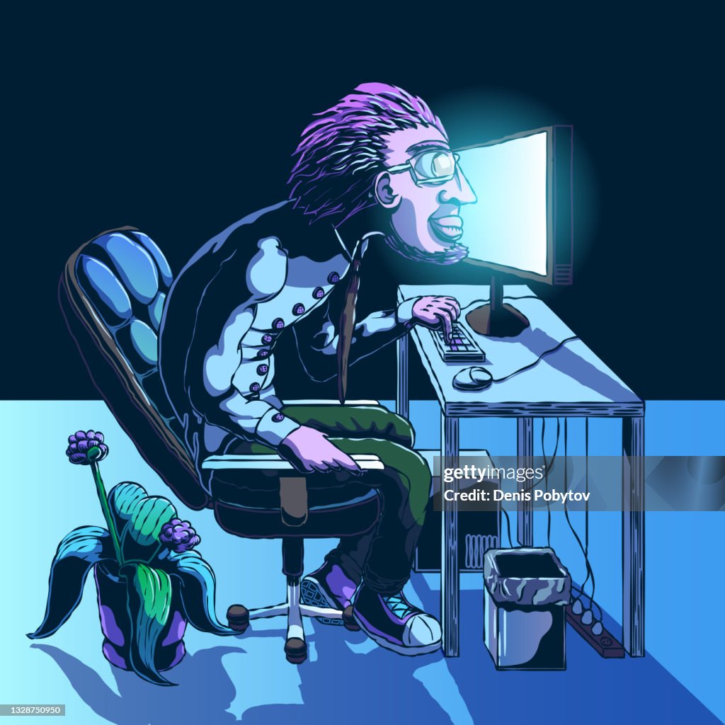 Computer. Man Comics Handdrawn Cartoon Illustration Man At The Computer High-Res Vector ...