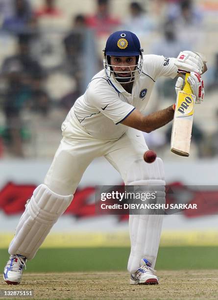 Indian cricketer V.V.S. Laxman plays a shot during the second day of the second Test match between Indian and West Indies at the Eden Gardens in...