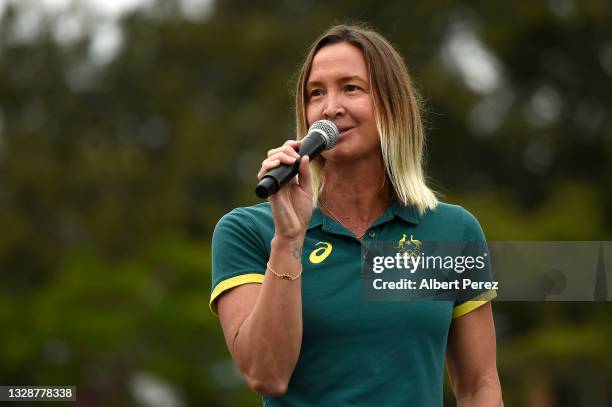 Australian olympic swimmer Brooke Hanson speaks during the Australian Olympic Committee announcement of the Olympics Live locations across Australia...