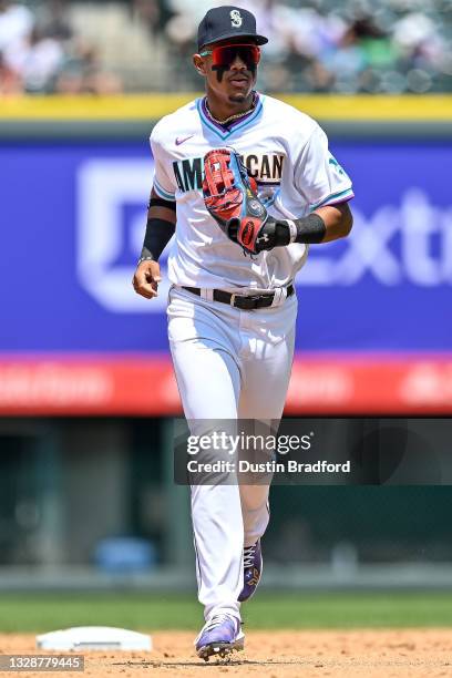 Julio Rodriguez of American League Futures Team runs off the field during a game against the National League Futures Team at Coors Field on July 11,...