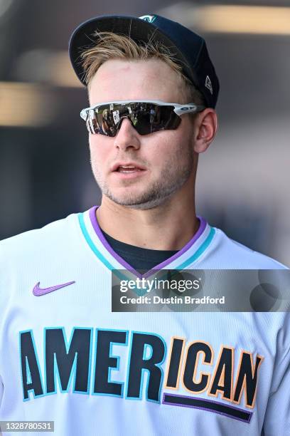 Jarred Kelenic of American League Futures Team stands in the dugout during a game against the National League Futures Team at Coors Field on July 11,...