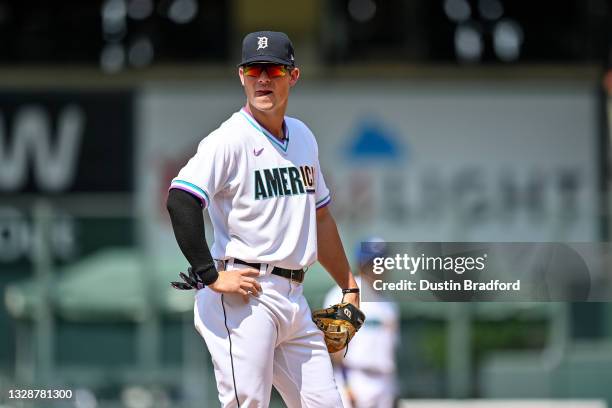 Spencer Torkelson of the American League Futures Team stands on defense during a game against the National League Futures Team at Coors Field on July...