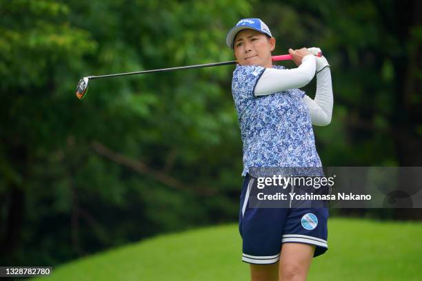 Sakura Yokomine of Japan hits her tee shot on the 4th hole during the pro-am ahead of the GMO Internet Ladies Samantha Thavasa Global Cup at Eagle...