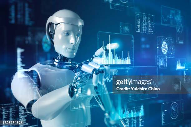 artificial intelligence robot control futuristic data screen - robot stock pictures, royalty-free photos & images