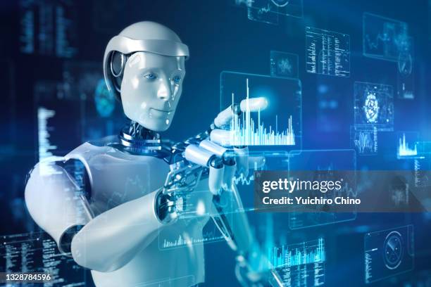 artificial intelligence robot control futuristic data screen - artificial intelligence stock pictures, royalty-free photos & images