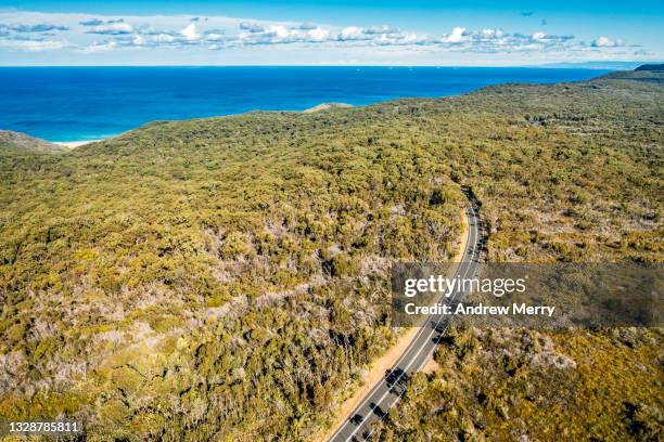 road in green forest towards blue sea coastline - forest new south wales stock pictures, royalty-free photos & images