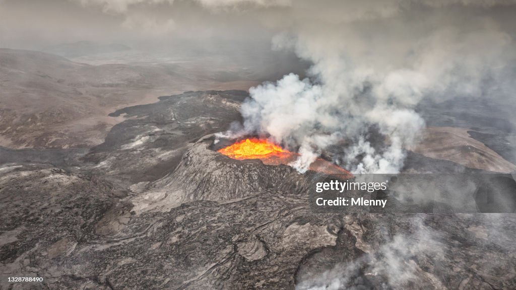 Erupting Fagradalsfjall Volcano Panorama Landscape Iceland