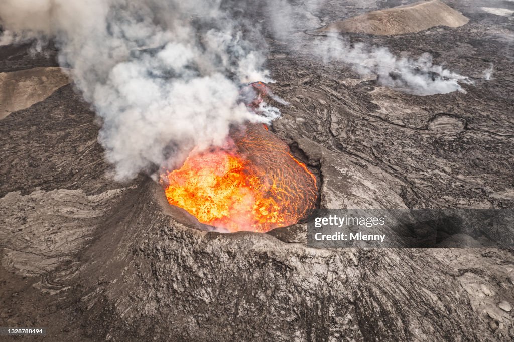 Eruption of Fagradalsfjall Volcano Crater Aerial View Iceland