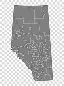 Alberta map on transparent background. Province of Alberta map with  municipalities in gray for your web site design, logo, app, UI. Canada. EPS10.