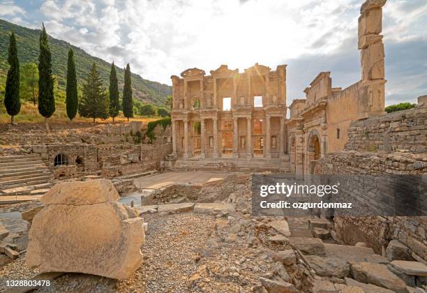 celcus library in ephesus at sunset, wide angle view - ancient stock pictures, royalty-free photos & images