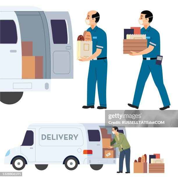 essential food delivery drivers - bread packaging stock illustrations