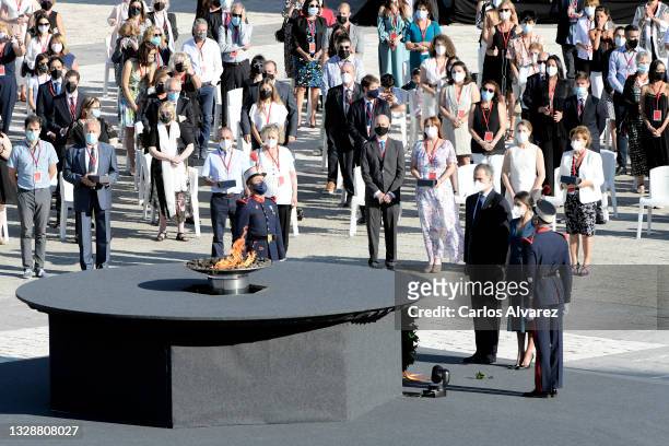 King Felipe VI of Spain and Queen Letizia of Spain attend the State tribute to the victims of the coronavirus at the Royal Palace on July 15, 2021 in...