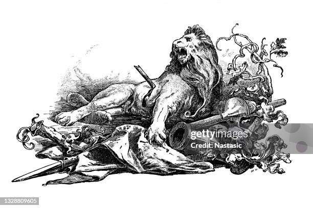 stockillustraties, clipart, cartoons en iconen met wounded lion on a pile of weapons - bloody lion