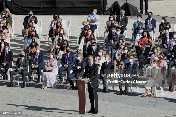 King Felipe VI of Spain attend the State tribute to the victims of the coronavirus at the Royal Palace on July 15, 2021 in Madrid, Spain.