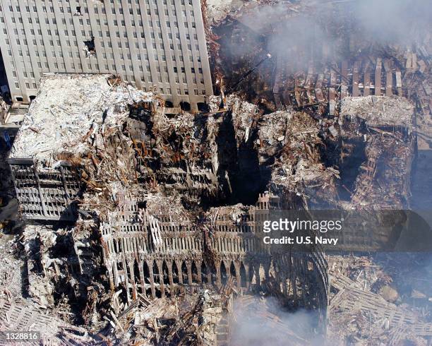 An aerial view shows only a small portion of the crime scene September 16, 2001 where the World Trade Center collapsed following the September 11,...