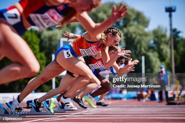 Minke Bisschops of Netherlands competes in the Women's 100m Round 1 heats during European Athletics U20 Championships Day 1 at Kadriorg Stadium on...