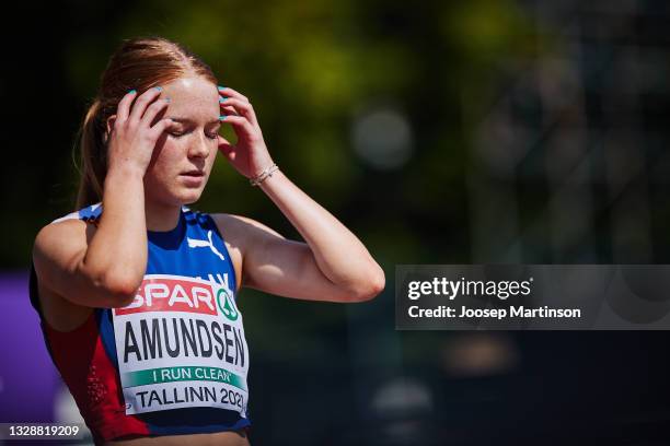 Maren Bakke Amundsen of Norway competes in the Women's 100m Round 1 heats during European Athletics U20 Championships Day 1 at Kadriorg Stadium on...