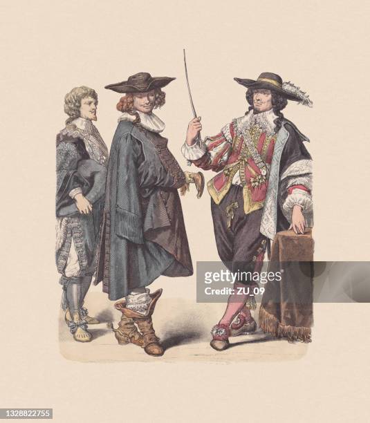 17. jahrhundert, französische kostüme, adlige, handkolorierter holzstich, erschienen um 1880 - musketiere stock-grafiken, -clipart, -cartoons und -symbole