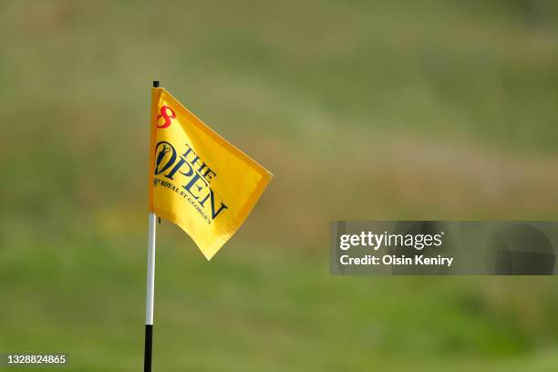 Derailed view of a 'The Open' flag is seen during Day One of The 149th Open at Royal St George’s Golf Club on July 15, 2021 in Sandwich, England.