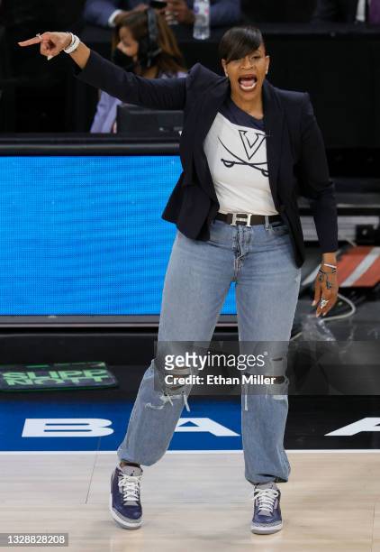 Co-head coach Tina Thompson of Team WNBA gestures to players during the 2021 WNBA All-Star Game against the USA Women's National Team at Michelob...
